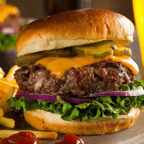 A juicy cheeseburger with lettuce, red onion, and pickles, served with fries and ketchup.