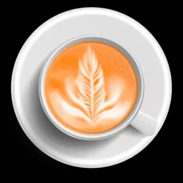 Overhead view of a latte with intricate leaf-shaped latte art in a white cup and saucer.